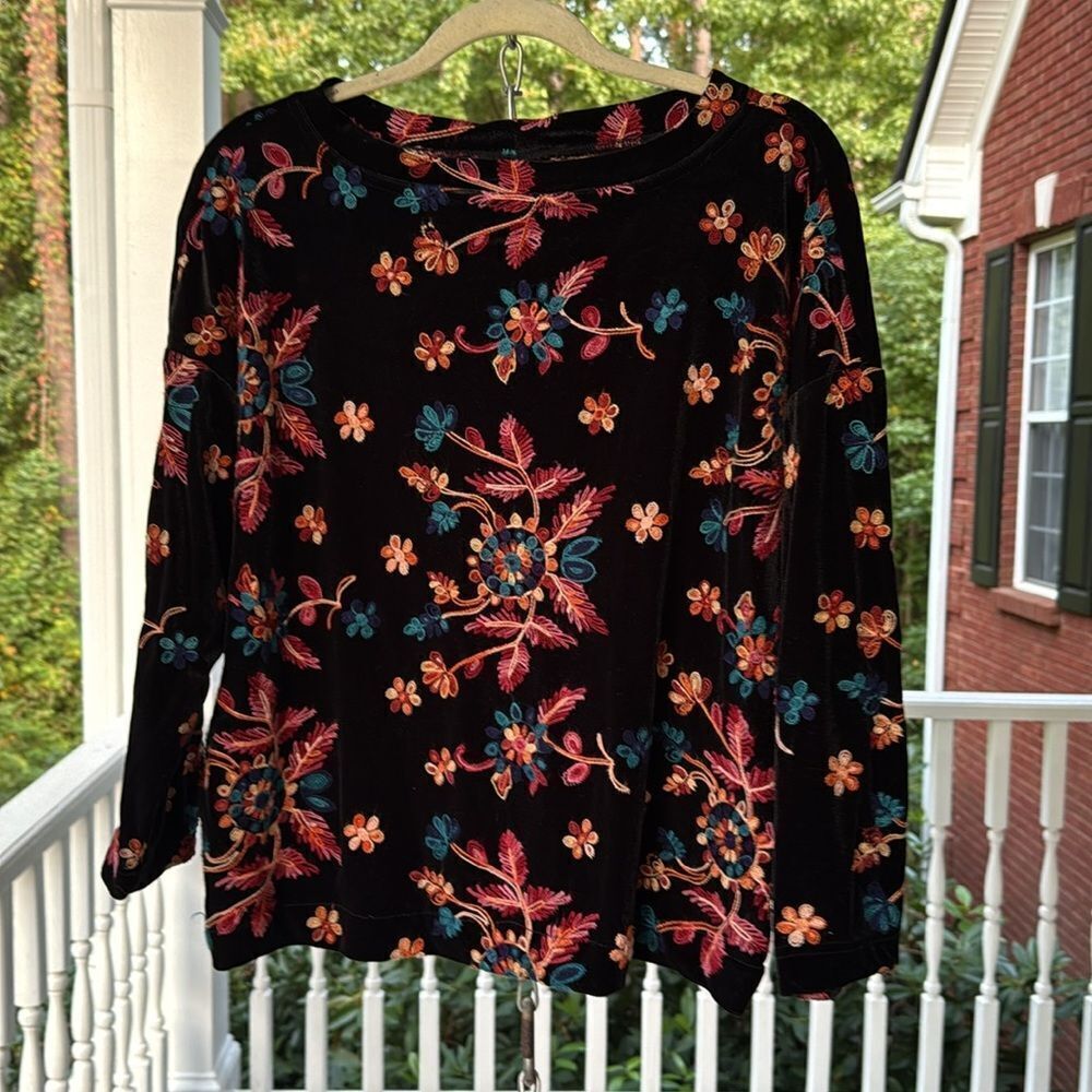 Uncle Frank Black Velvet Top with Colorful Floral Embroidery